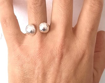 Silver Two Dot Open Ring, Adjustable Unisex Statement Ring