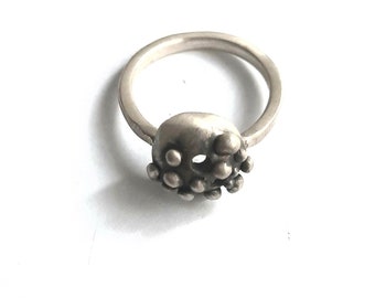Textured Silver Dome Ring: Oxidized Beaded Design