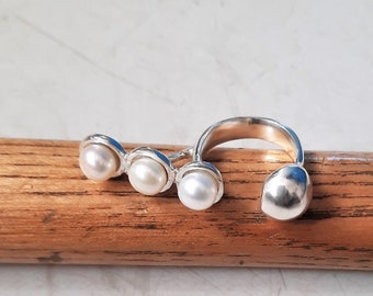 Adjustable Silver Statement Ring, Three Pearls, Open Ring