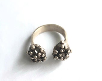 Oxidized Silver Open Statement Ring, Textured Two-Sphere Design