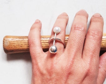 Silver Pearl Statement Ring, Modernist Bar Design