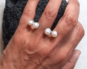 Adjustable Silver Statement Ring with Four Pearls