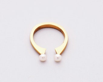 Gold Plated Brass Horseshoe Ring with Pearls, Adjustable