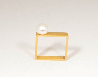 Minimalist Square Ring, Gold Plated Brass or Silver, White Pearl