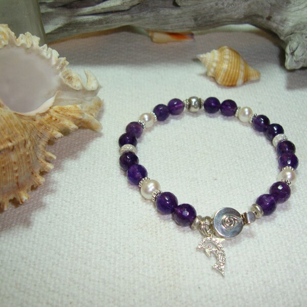 Tropical Amethyst & Pearls, Crystal Dolphin Charm with Box Clasp