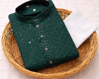 Men’s Embroidered Kurta Pajama Set – Pure Cotton Chikankari Sequin Work – Traditional Indian Festival & Wedding Wear For Eid Diwali Wedding
