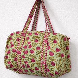 Floral Quilted Cotton Duffle Bag | Large Weekender Travel Bag | Block Print Gym Bag | Boho Overnight Bag | Eco Friendly Cotton Tote