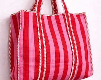 Pink Striped Quilted Tote Bag, Large Cotton Beach Tote, Summer Shoulder Bag for Women, Handmade Statement Gift 18x18 Inch