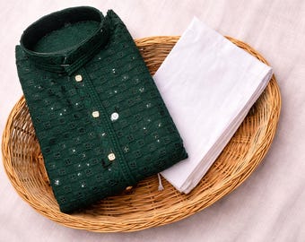 Men's Ethnic Chikankari Kurta Pajama Set – Embroidered Cotton Indian Wedding Wear,Eid, Diwali
