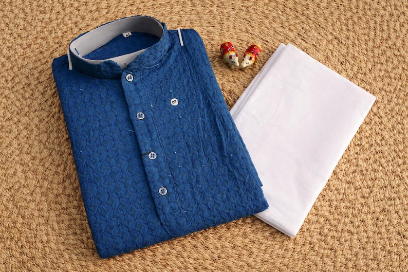 Herren Chikankari Kurta Pyjama Set - Bestickte Baumwolle Indische Hochzeits- und Festivalkleidung Teal Blue