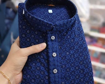 Chikankari Kurta-pyjamaset voor heren – geborduurd katoen Indiase trouwkleding etnische Kurta voor Eid, bruiloft, Diwali Cadeau voor echtgenoot