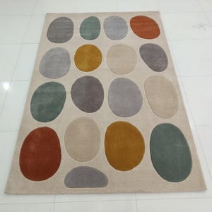 Modern Abstract Wool Area Rug 6x9, Hand Tufted Geometric Carpet, Colorful Pebble Design Rug, Contemporary Living Room Decor