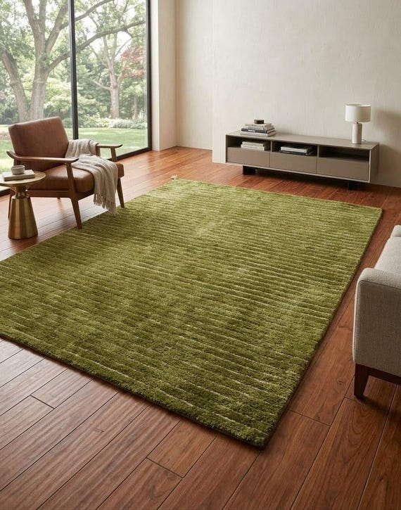 8x10 Hand Tufted Olive Green Wool Rug, Textured Striped Area Rug 5x7, Modern Minimalist Carpet, Luxury Handmade Tassel Rug for Living Room
