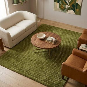 8x10 Hand Tufted Olive Green Wool Rug, Textured Striped Area Rug 5x7, Modern Minimalist Carpet, Luxury Handmade Tassel Rug for Living Room image 7