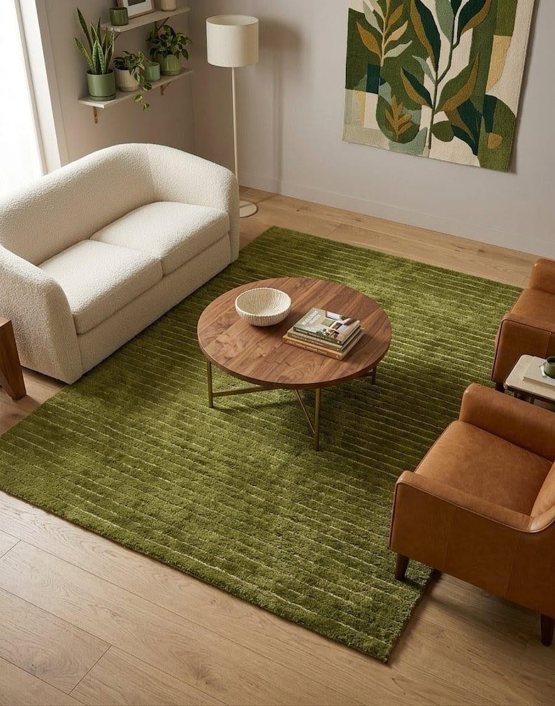 8x10 Hand Tufted Olive Green Wool Rug, Textured Striped Area Rug 5x7, Modern Minimalist Carpet, Luxury Handmade Tassel Rug for Living Room image 7
