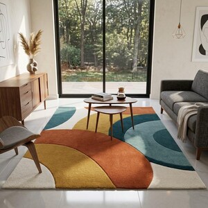 May include: A rectangular area rug featuring a geometric pattern of overlapping large circles and arcs in shades of mustard yellow, burnt orange, teal, and cream. The design is composed of bold, curved color blocks that create a layered effect.