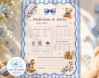 Kaart met voorspellingen en adviezen voor een babyshower met een beertje in de hoofdrol, bewerkbare Canva-sjabloon, blauw babyshower-spel, digitale download