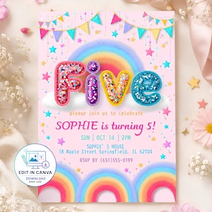 May include: A pink birthday invitation card featuring the word FIVE in glittery, colorful letters above a rainbow. Text includes: SOPHIE is turning 5, SUN | OCT 14 | 2PM, SOPHIE'S HOUSE, 18 Maple Street Springfield, IL 62704, and RSVP BY (651)555-0199.