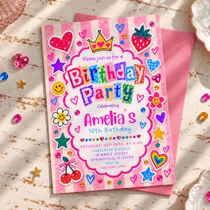 May include: A pink and white striped birthday party invitation featuring a yellow crown, hearts, stars, flowers, and cherries. The text reads: Please join us for a Birthday Party Celebrating Amelia's 10th Birthday, Saturday, Sep 28th, at 2:00, Charlotte's House, 18 Maple Street, Springfield, IL 62704, RSVP by (651)555-0199.