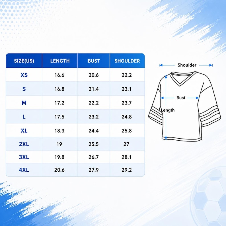 May include: A size chart for a V-neck jersey with short sleeves and striped cuffs. The table lists US sizes from XS to 4XL with corresponding length, bust, and shoulder measurements in inches. A line drawing illustrates how to measure the garment.
