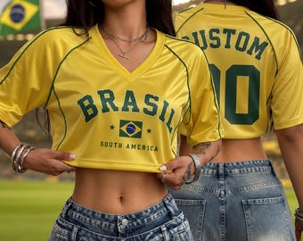 Custom Brasil Soccer Crop Top Jersey, Personalized Name Number Football Shirt