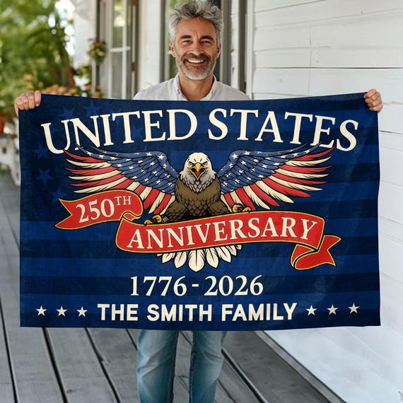 Personalized United States 250th Anniversary Flag, Patriotic Eagle Family Name Banner