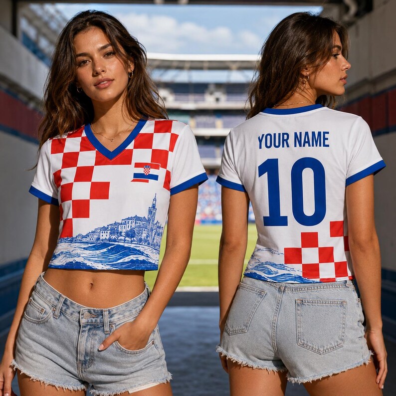 May include: A white V-neck t-shirt featuring a red and white checkered pattern, a small Croatian flag, and a blue coastal city graphic. The back displays the text YOUR NAME above the number 10 in blue, with matching checkered and wave patterns.