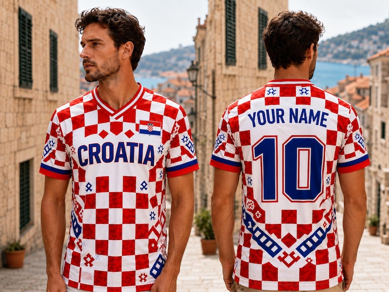 Puede incluir: Una camiseta de f&uacute;tbol de Croacia a cuadros rojos y blancos con la palabra "CROATIA" en azul en el pecho. La camiseta tiene cuello en V, ribetes azules y rojos y la bandera croata en el pecho. La parte trasera de la camiseta tiene el n&uacute;mero 10 en azul.