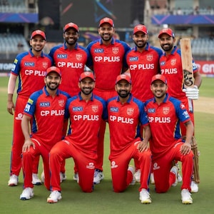 May include: A group of cricket players wearing matching red uniforms with blue and white accents. Each player is wearing a red cap and the shirts have the text "KENT CP PLUS". One player holds a cricket bat. The team is standing on a green field.