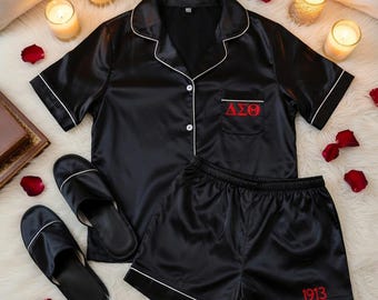 Black Satin Pajama Set with Red Greek Letters – 2-Piece Sleepwear Lounge Set