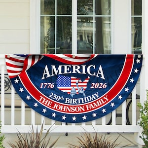 May include: A blue, red, and white banner with the word "AMERICA" and the years "1776" and "2026". The banner also includes a map of the United States, the text "250th BIRTHDAY", and "THE JOHNSON FAMILY".