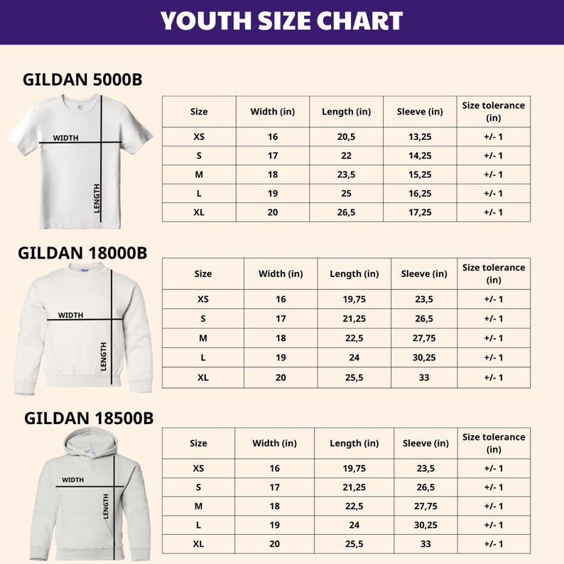 May include: A youth size chart for Gildan brand apparel, including t-shirts, sweatshirts, and hoodies. The chart provides measurements in inches for width, length, and sleeve length, with size tolerance information. Sizes range from XS to XL.