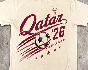 Qatar Soccer Shirt, Comfort Colors Soccer Club Tee, 2026 Football Fan Gift, Maroon Graphic T-Shirt, Unisex Vintage Style Soccer Apparel
