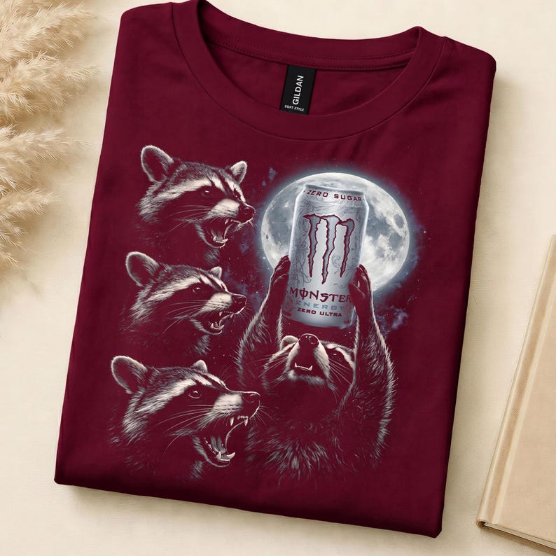 May include: Burgundy t-shirt featuring a graphic of raccoons and a Monster Energy drink can against a full moon backdrop. The raccoons are depicted with detailed fur and expressions. The can reads "Monster Energy Zero Ultra".