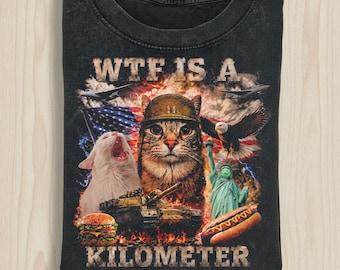 WTF Is A Kilometer Shirt, Funny Cat American Flag Tee, Patriotic Meme T-Shirt, 4th of July Humor, USA Eagle Shirt, Vintage Graphic