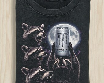 Raccoon Monster Energy Drink Moon Graphic Shirt, Funny Raccoon Tee, Vintage Animal T-Shirt, Retro Aesthetic, Meme Genz Raccoon Shirt