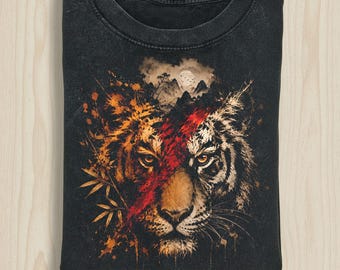Japanese Style Tiger Shirt, Sumi-e Ink Art Graphic Tee, Vintage 90s Animal TShirt, Artistic Wildcat Streetwear, Nature Inspired Gift for Him