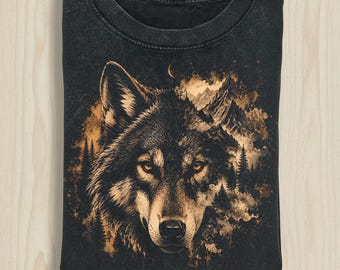 Wolf Shirt, Mountain Landscape Graphic Tee, Vintage 90s Style Wolf T-Shirt, Nature Lover Gift, Wildlife Aesthetic Shirt, Pine Forest Apparel