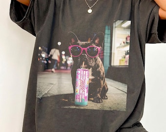 French Bulldog Cotton Candy Energy Drink Shirt, Fun Animal Lover Shirt, Vintage Dog Shirt, Funny Meme Genz Dank Bulldog Shirt, Trendy Top