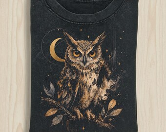 Celestial Owl Shirt, Vintage Great Horned Owl T-Shirt, Moon and Stars Graphic Tee, Mystical Bird Lover Gift, Dark Academia Clothing