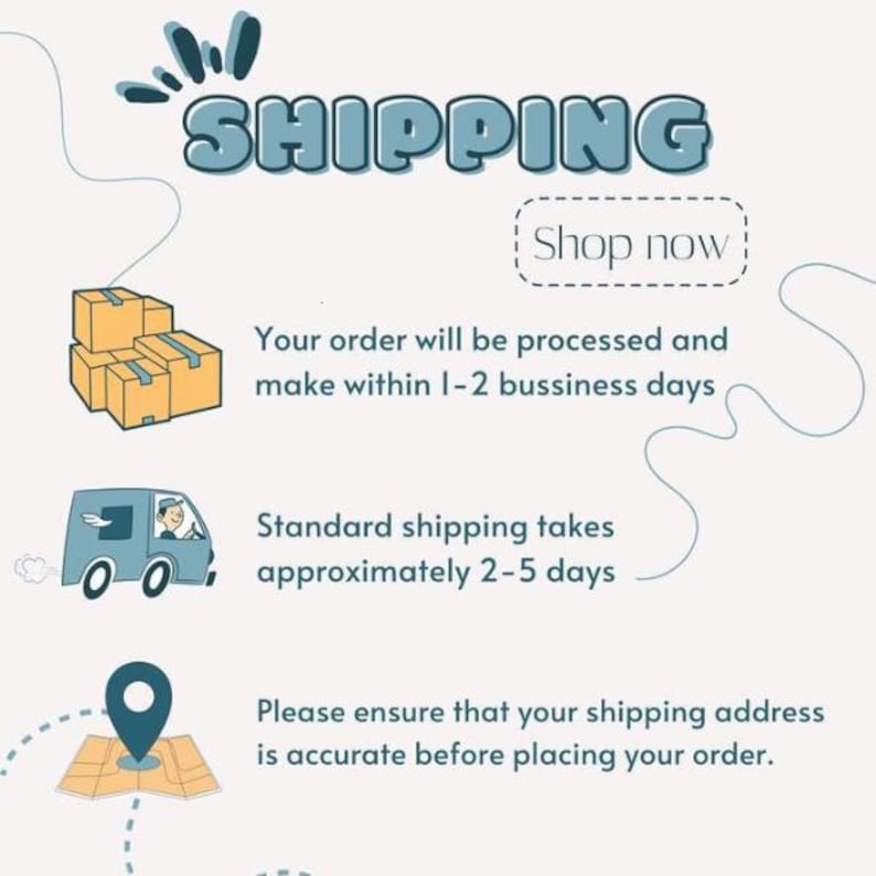May include: A light blue graphic with the word "SHIPPING" in large, stylized letters. The image includes illustrations of stacked boxes, a delivery van, and a map marker, with text about order processing and shipping times.