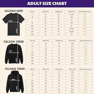 May include: Adult size chart for Gildan 5000, 18000, and 18500 apparel. Includes measurements in inches for sizes S to 5XL, detailing width, length, and sleeve length. Size tolerance is also provided.