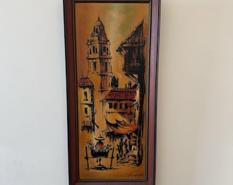 Vintage Mid Century Painting Signed Cameron European Street Scene Framed  33x15”