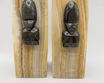 ヴィンテージ ヘビー オニキス ブックエンド 7インチ アステカ マヤ様式 人物像の胸像 彫刻石 アールデコ
