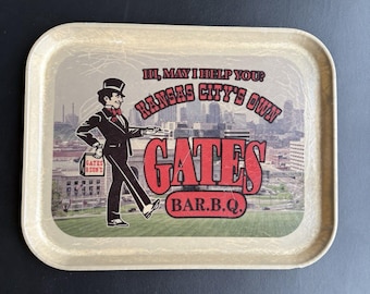 Bandeja de recuerdo del restaurante Gates BBQ de Kansas City, Missouri. BAR.B.Q. Rara.