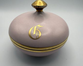 Antique T&V Limoges France Hand Painted Vanity Powder Jar Gold Monogram