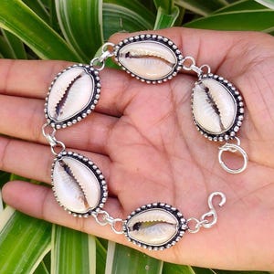 May include: A silver bracelet with oval cowrie shells. Each shell is set in a silver bezel with a beaded border, connected by silver links. The bracelet is shown against green foliage.