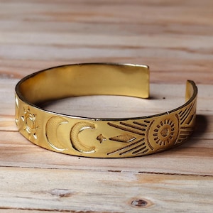Celestial Moon Sun Cuff Bracelet | Gold Tone Boho Adjustable Bangle Jewelry
