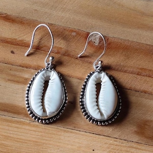 Natural Cowrie Shell Drop Earrings | Silver Tone Tribal Boho Beach Jewelry