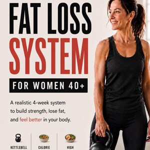 Puede incluir: Imagen promocional de un programa de fitness. El texto dice "FAT LOSS SYSTEM FOR WOMEN 40+". Una mujer con ropa deportiva negra sostiene una pesa rusa de 5,4 kg. El programa se centra en el entrenamiento con pesas rusas, el déficit calórico y las proteínas.